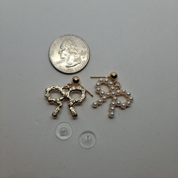 Pearl Bow Earrings Gold Tone Dangle Drop - Picture 3 of 7